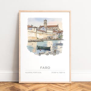 Poster Faro - watercolor, pastel, coastal cityscape, UNFRAMED image 1