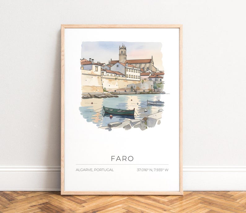 Poster Faro - watercolor, pastel, coastal cityscape, UNFRAMED image 1