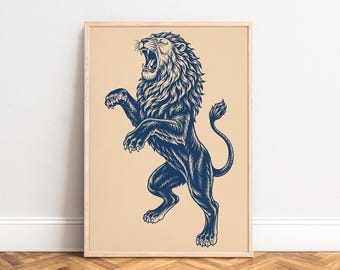 Lion Poster, Vintage Animal Wall Art, Blue Beige, Living Room Office, Gift for Animal Lovers