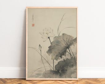 Lotus Poster, Japandi Plant Wall Art, Beige Grey, Living Room, Office, Zen Gift A1/A2/A3/A4