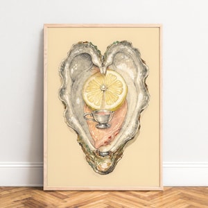 Kunstdruck Austern mit Zitrone und Sauciere,  Aquarell Muschel Illustration,  Vintage maritimes Küchen Wandbild,  Pastell Beige Dekor