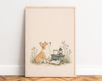 Fox Poster, Watercolor Animal Illustration, Beige Nature Tones, Nursery Wall Art, Gift for Animal Lovers