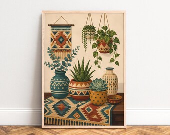 Boho Plant Poster, Ethnic Wall Art, Beige Terracotta, Living Room, Gift for Plant Lovers A3 A4