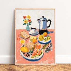 Affiche nature morte petit-déjeuner, style pastel rose corail, scène de café et de fruits, palette corail, art de cuisine chaleureuse