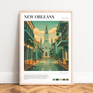New Orleans Reiseplakat,  St Louis Kathedrale French Quarter Druck,  Retro Vintage Wand Deko in Türkis Grün Abend Palette,  UNGERAHMT