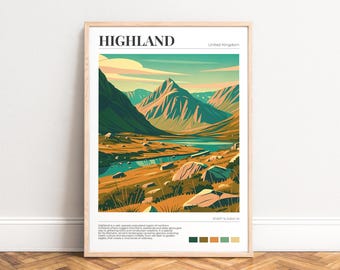 Highland Poster,  Schottland Reiseprint - Mid-Century Berglandschaft in Türkis-Ocker,  UNGERAHMT