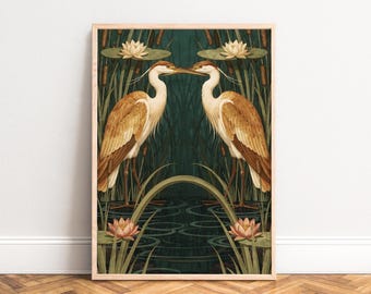 Poster Heron double portrait Art Nouveau teal pond lotus mirror symmetry golden feathers botanical vintage moodier wall decor print