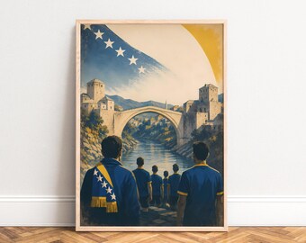 Bosnia Poster, Vintage Travel Wall Art, Blue Gold, Living Room Office, Gift for Balkan Fans A1/A2/A3/A4