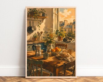 French Kitchen Poster, Vintage Oil Painting, Warm Gold Tones, Living Room Kitchen, Housewarming Gift 50x70