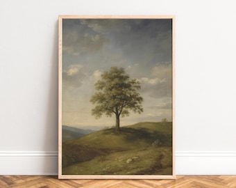 Landscape Poster, Farmhouse Rustic Style, Solitary Tree on Hill, Muted Green Palette, Vintage Oil Print for Living Room, Office, A2/A3/A4/A5