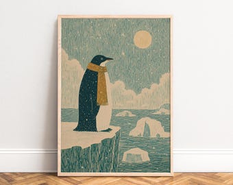 Penguin Poster, Vintage Animal Wall Art, Teal Beige, Living Room Nursery, Gift for Animal Lovers A1/A2/A3/A4