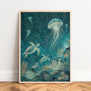 Jellyfish Poster, Vintage Sea Life Wall Art, Teal, Living Room, Bath, Gift for Ocean Lovers A1/A2/A3/A4