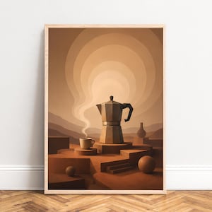 Könnte beinhalten: Ein gerahmter Wandkunstdruck mit einer einfarbigen braunen Illustration einer Mokkakanne und einer dampfenden Kaffeetasse auf geometrischen Plattformen. Der Hintergrund zeigt konzentrische kreisförmige Lichtmuster und abstrakte Hügel.