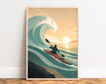 Kayak Poster, Vintage Surf Illustration, Teal Orange, Living Room Wall Art, Outdoor Gift A1/A2/A3/A4