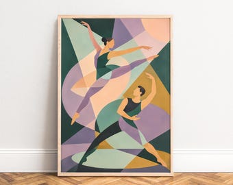 May include: Framed art print featuring a geometric illustration of two ballet dancers. The dancers are depicted in shades of green, purple, and peach, set against a dark green and peach background. The artwork is framed in a light wood.