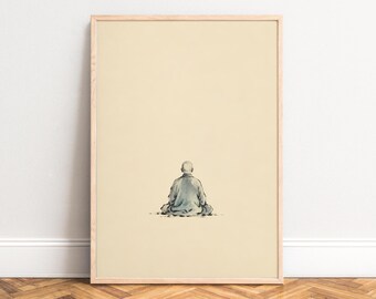May include: A framed wall art print featuring a watercolor illustration of a person with a shaved head sitting in a meditative pose, viewed from behind. The figure wears a light blue robe against a solid, pale cream-colored background.