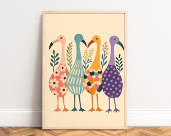 Flamingo Poster, Retro Bird Wall Art, Pastel, Nursery, Living Room, Animal Lover Gift A3 A4