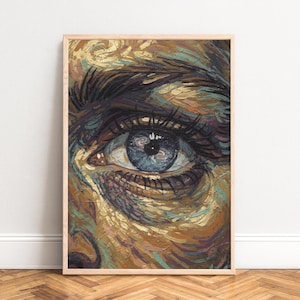 Affiche, Portrait d'œil contemporain avec iris galaxie, tons texturés or et turquoise, coups de pinceau abstraits, art mural moderne