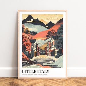 Poster Little Italy - Illustrazione di una strada di Manhattan, palette di colori corallo-turchese tenui, città illustrata, regalo per gli amanti del design