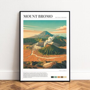 Póster Monte Bromo - Escena de viaje al volcán, paleta turquesa y naranja, SIN MARCO