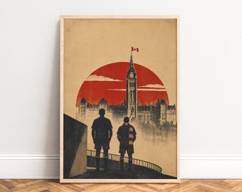 Canada Poster, Vintage Travel Wall Art, Red Beige, Living Room Office, Gift for Canada Fans A1/A2/A3/A4