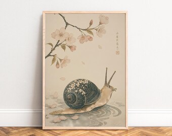 Snail Poster, Vintage Sakura Art, Beige Pink, Living Room Wall Art, Gift A1 A2 A3 A4