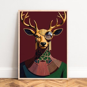 Poster golden stag monocle,  ArtDeco portrait in burgundy and emerald,  geometric pattern,  majestic moonlit city reflection print HD