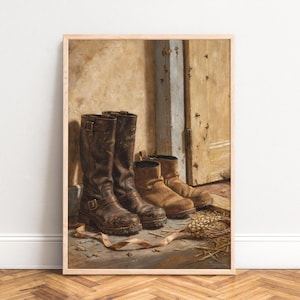 Poster: Worn Leather Boots Still Life,  Rustic Doorway Painting,  Earthy Brown Tones,  Wheat Sheaf,  Vintage Farmhouse Wall Art Prints