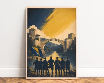 Bosnia Poster, Vintage Travel Wall Art, Blue Yellow, Living Room Decor, Balkan Gift A1/A2/A3/A4