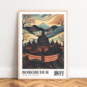 Affiche de voyage : Illustration du stupa de Borobudur, palette texturée turquoise-orange, ambiance de voyage paisible, SANS CADRE