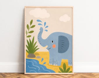 Elephant Poster, playful kids illustration, blue and yellow, nursery wall art, gift for children
