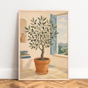 Olivenbaum Poster, mediterrane Wandkunst, warmes Beige, Wohnzimmer Küche, Geschenk für Pflanzenliebhaber 50x70