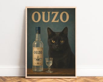Plakat z ouzo, sztuka ścienna z kotem w stylu vintage, ciemnozielony beż, kuchnia, salon, prezent dla miłośników kotów, 50x70