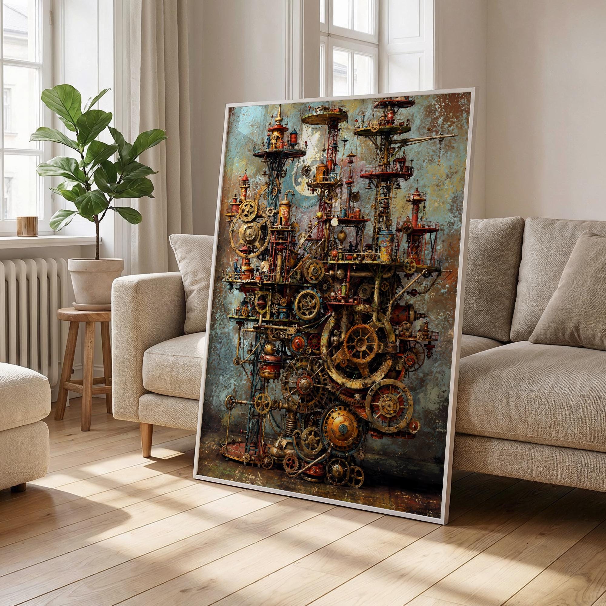Steampunk Machine Poster, Vintage Industrial Art, Brown Gold, Living ...