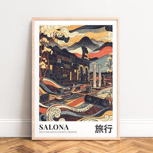 Salona Reiseposter - Split-Dalmatien Kroatien,   grafische Illustration antiker Ruinen in Marine-Orange Palette