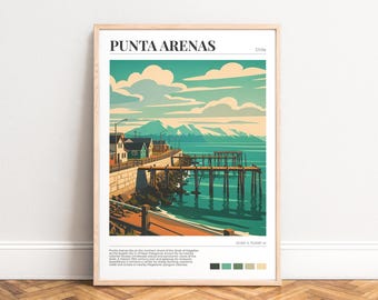 Punta Arenas Poster, Patagonischer Pier Druck, Chile Küstenillustration, türkis ocker Wandbild, Retro Art Deco Geschenk, UNGERAHMT