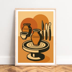 Poster - Pottery Wheel Print, Minimal Mid-Century Clay Art in Warm Terracotta Orange, UNFRAMED