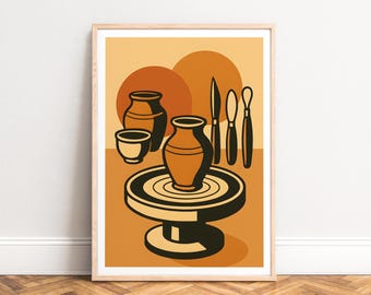 Poster - Pottery Wheel Print, Minimal Mid-Century Clay Art in Warm Terracotta Orange, UNFRAMED