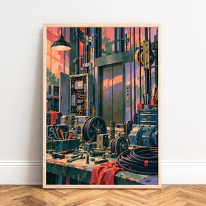 May include: A framed art print depicting an industrial elevator machine room with a workbench in the foreground. The scene features various mechanical components, including pulleys, coiled cables, tools, and an open electrical control panel.