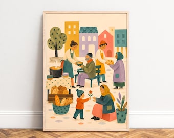 Market Scene Poster, Vintage Illustration, Pastel Colors, Living Room Nursery, Gift A1/A2/A3/A4