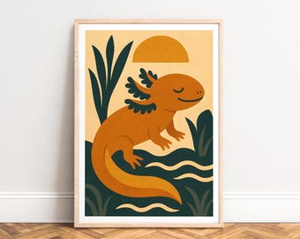 Póster con ilustración de ajolote, estilo retro minimalista, en terracota y verde oscuro, sin marco.