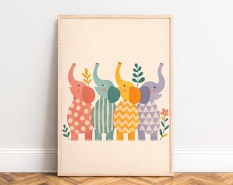 Elephant Poster, Retro Nursery Wall Art, Pastel Colors, Kids Room Decor, Gift for Children A3 A4