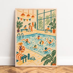 May include: A framed art print featuring a colorful crayon-style illustration of an indoor swimming pool. The scene depicts people swimming, a beach ball, potted plants, hanging lights, and a bench with towels, all rendered in blue, orange, and green.