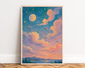 May include: A rectangular wall art print in a light wood frame featuring a painted night sky with a full moon, glowing yellow stars, and soft pink, orange, and purple clouds. Below, a dark silhouette of a coastal landscape sits by the water.