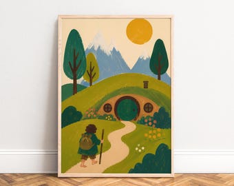 Hobbit House Poster, Fantasy Landscape, Green Blue, Living Room, Nursery, Tolkien Fan Gift A1/A2/A3/A4