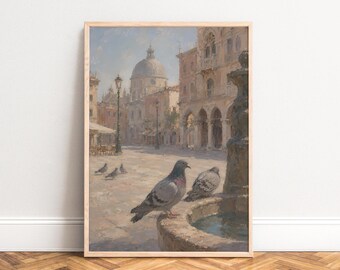 Venice Pigeon Poster, Vintage City Painting, Beige Blue, Living Room Wall Art, Italy Gift A1/A2/A3/A4