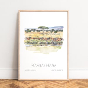 Poster Maasai Mara Aquarelldruck - Savanne Wildtiere, minimal Karte, erdige Töne, UNGERAHMT