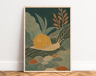 May include: A framed art print featuring a stylized illustration of a snail. The snail has a yellow shell and is depicted on a textured background with green and brown foliage and rocks. The artwork has a vintage aesthetic.