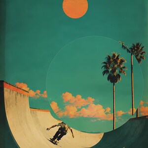 May include: An artistic rendering of a skateboarder in a skate bowl under a vibrant orange sun and a teal sky. Palm trees and peach-colored clouds add to the retro aesthetic. The image is a collage-style illustration.