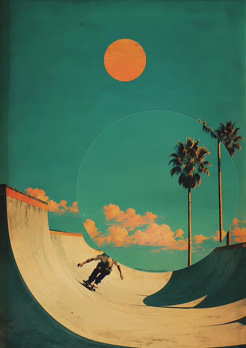 May include: An artistic rendering of a skateboarder in a skate bowl under a vibrant orange sun and a teal sky. Palm trees and peach-colored clouds add to the retro aesthetic. The image is a collage-style illustration.